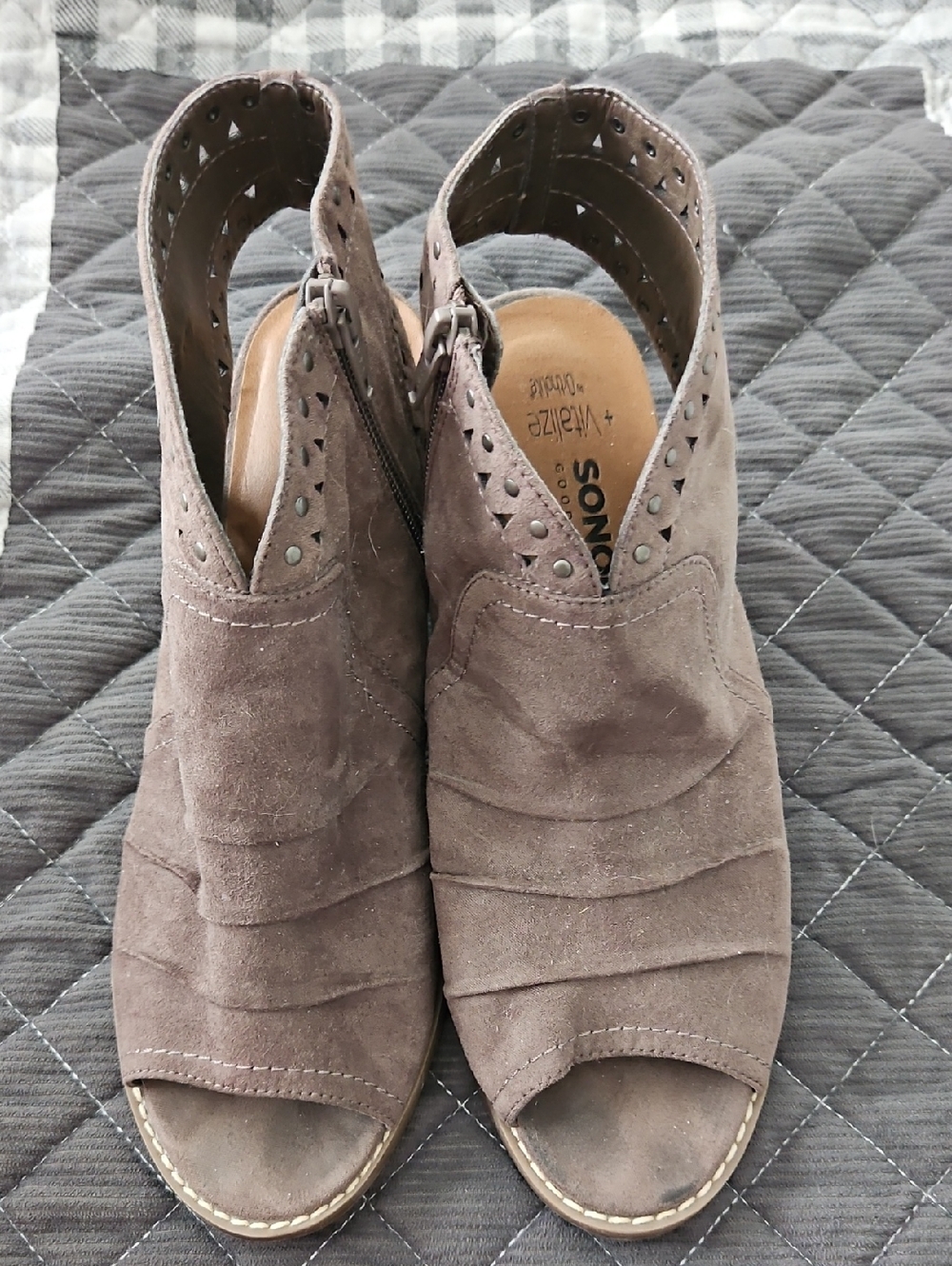 SONOMA Taupe Suede Peep-Toe Studded Cutout Mules